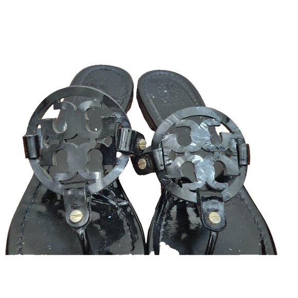 Tory Burch Miller Sandals Black Patent Leather Logo Thong Flip Flops Women Sze 9 - Picture 4 of 14